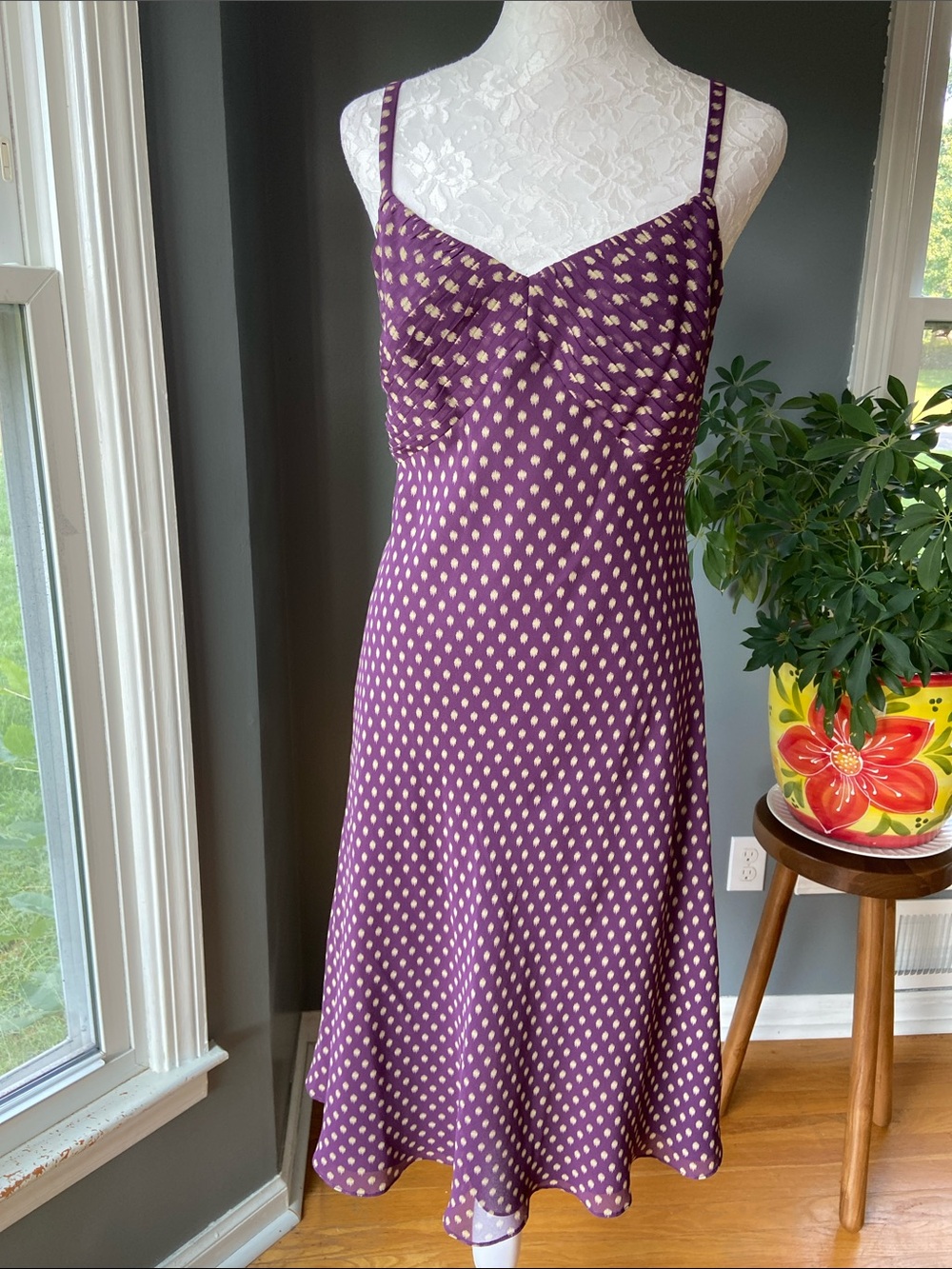 Ann Taylor Plum & Gold Polka Dot Slip Dress